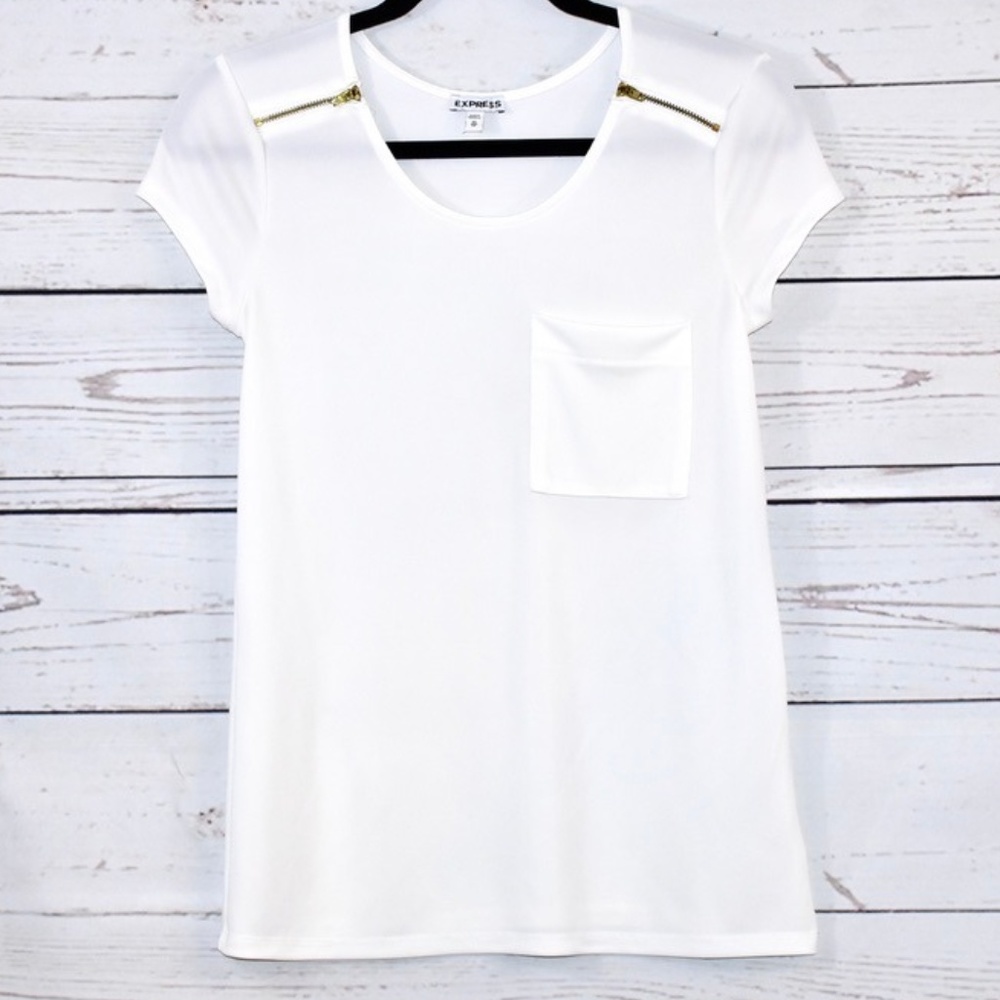 Express White Tee w/ Gold Zippers | Size XS